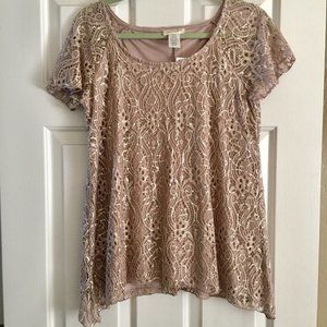 Elegant lacy sequined top - tan, medium